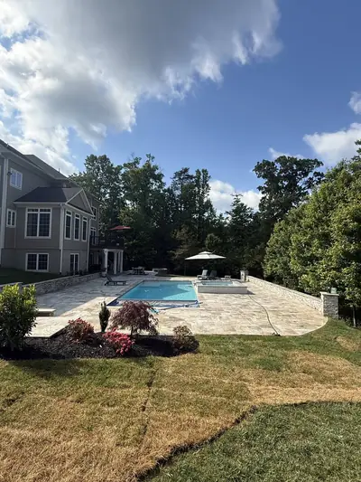 Backyard pool patio, full view โ Great Falls, VA porcelain patio